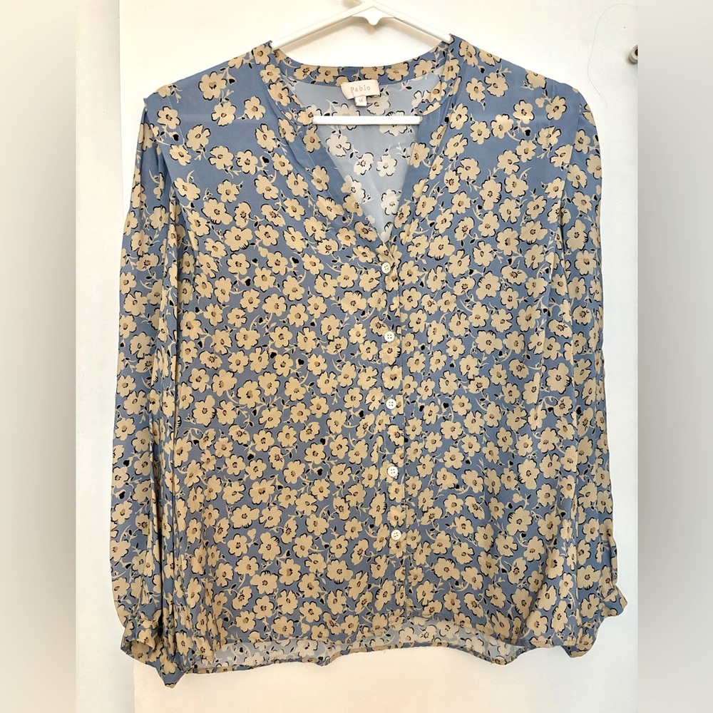 Pablo Paris soft blue and beige floral long-sleeve blouse